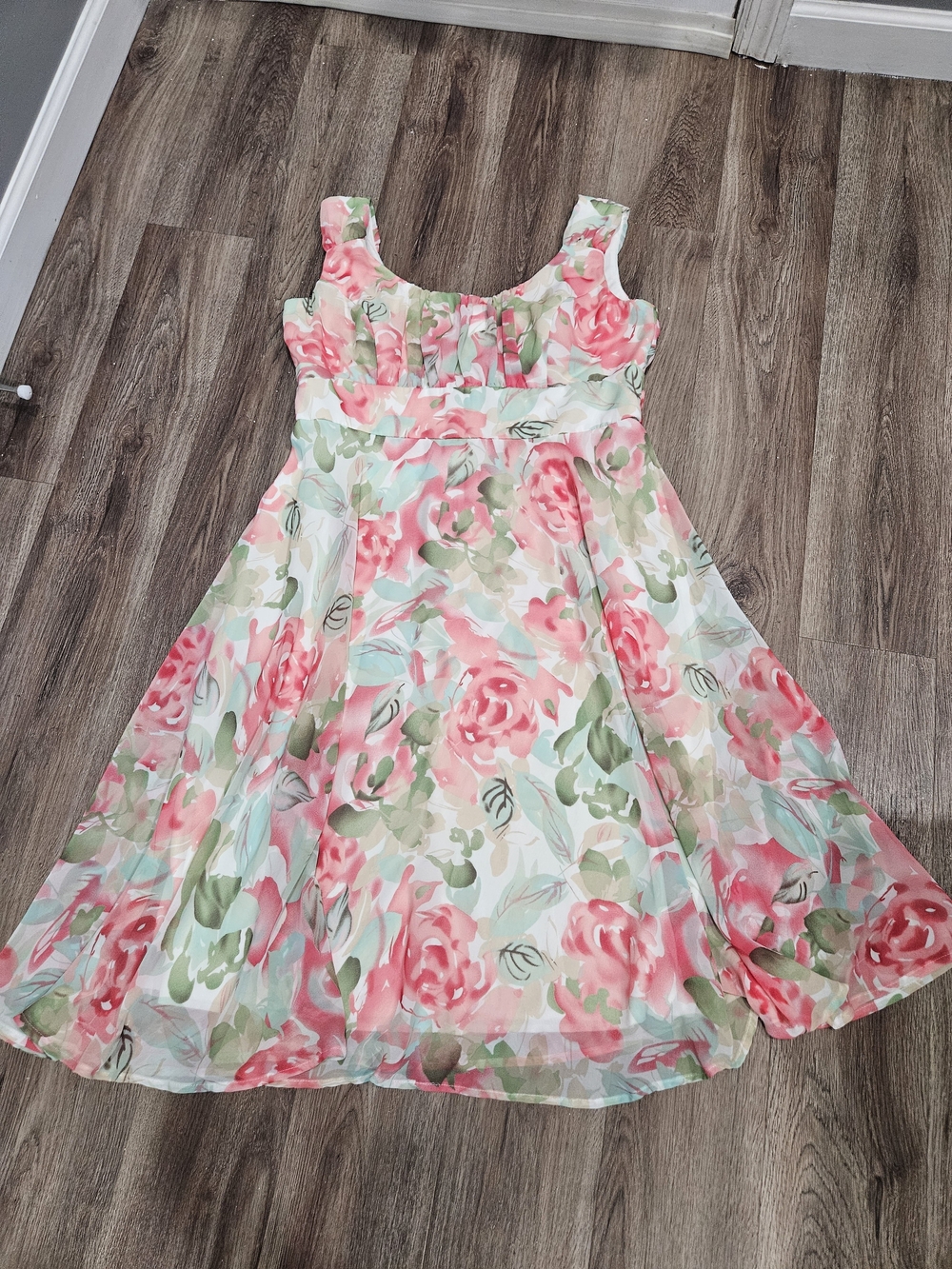 dressbarn Pink and Green Floral Chiffon Sundress
